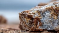 Weathered rock formation with crystalline mineral deposits and rusty iron oxide patina on sandy beach shore creating natural geological texture patterns.