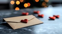 Kraft paper envelope with red glitter heart decoration on dark marble surface, romantic bokeh lights background, scattered heart decorations for Valentine concept.