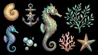 Nautical ocean clipart set with seahorses, anchor, shells, coral, starfish, and seaweed, isolated on transparent background, ready for stickers, t-shirt design, and print on demand.