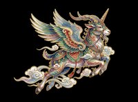 Ornate mythical winged goat with decorative horns and flowing mane, isolated on transparent background. Ready for t-shirts, stickers, clipart, sublimation and print-on-demand designs.