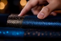 Glittering blue and gold textured surface with fingers touching sparkly material in macro shot, creating luxurious festive mood against dark background with bokeh lights.