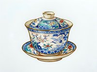 Decorative porcelain teacup with lid and saucer featuring blue and gold ornamental patterns, floral motifs, and traditional Asian-inspired design elements. Isolated on white background for design use.