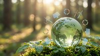 Green energy concept with glass globe surrounded by renewable power icons including solar panels and wind turbines in natural forest setting.
