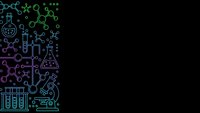 Science laboratory equipment icons in neon gradient colors on black background. Chemistry research symbols for educational and medical presentations.