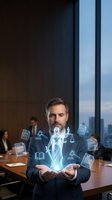 Professional lawyer in modern office holding holographic justice symbols with legal documents and scales representing law technology and digital legal services.