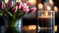 Glowing candle in glass holder with pink tulips and soft bokeh lights creating romantic atmosphere for spa, wellness, or home decor setting.