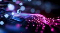 Glowing pink fiber optic network connecting to AI text on microchip with blue bokeh background creates futuristic technology concept for artificial intelligence.