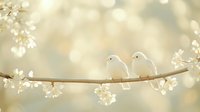 Two white doves perched on flowering branch against soft bokeh background with cherry blossoms in dreamy spring morning light.