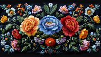 Vibrant floral embroidery pattern with colorful peonies and roses on black background. Traditional folk art design for textile decoration and crafts.