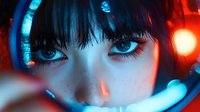 Young Asian woman with intense gaze through circular frame, dramatic red and blue neon lighting creates mysterious cyberpunk atmosphere, extreme close up of eyes and face.