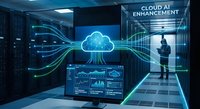 Modern data center with glowing cloud computing visualization and AI enhancement technology. Professional man monitoring server infrastructure systems.