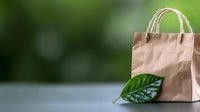 Eco-friendly brown paper shopping bag with green leaf on blurred natural background for sustainable retail and environmental consciousness concept.