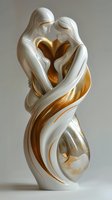 Elegant white and gold sculpture depicting embracing couple in abstract flowing form. Romantic art piece showing intimate connection and unity between lovers.