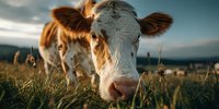 Close-up portrait of brown and white cow in grassy field at sunset, with soft natural lighting highlighting its facial features and expressive eyes.