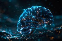 Digital visualization of glowing blue brain with neural network connections and light particles, perfect for artificial intelligence and neuroscience concepts in modern tech design.