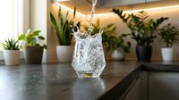 Clear water splashing in elegant glass on modern kitchen counter with green plants creating refreshing beverage moment for healthy lifestyle concepts.