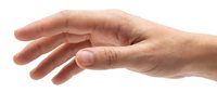 Male hand reaching forward in protective gesture isolated on white background for design and commercial use.