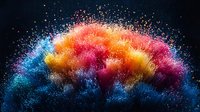 Vibrant explosion of colorful powder against black background creating rainbow arc shape with blue, orange, pink and red particles frozen in motion. Artistic powder splash.
