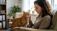 Young woman with curly hair in cozy sweater bonding with orange tabby cat on sofa in bright living room with plants and books creating warm domestic scene.