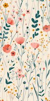 Delicate floral seamless pattern with coral pink poppies, wildflowers and teal leaves on cream background. Perfect for fabric, wallpaper, and surface design projects.