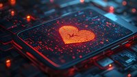 Digital heart symbol glowing on computer circuit board with red illumination, representing technology and emotion connection in modern computing.