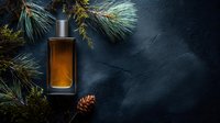 Elegant amber fragrance bottle with pine branches and cone on dark textured background, perfect for luxury perfume advertising.