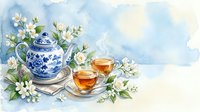 Watercolor tea set with blue and white porcelain teapot, two glass cups of tea, and white jasmine flowers on soft blue background.