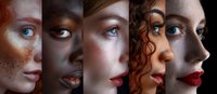 Diverse female faces in profile showing different ethnicities and skin tones, featuring dramatic makeup and striking eye colors against dark background. Beauty concept.