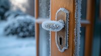 Frost covered door handle and keyhole on wooden door during winter morning, with snowy background visible through window pane, creating atmospheric cold scene.