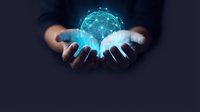 Businessperson holding glowing digital globe with network connections, representing global technology, data connectivity, and worldwide business innovation.