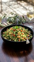 Tabbouleh salad with fresh herbs and vegetables in black bowl, served with white wine and olive branches for Mediterranean dining.