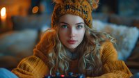 Young woman with blonde wavy hair wearing yellow knit beanie and sweater in moody evening lighting with bokeh effect, close up portrait capturing dreamy winter atmosphere.