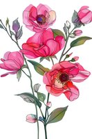 Pink watercolor flowers with delicate line art details on white background, featuring blooming peonies with buds and leaves in soft botanical style.