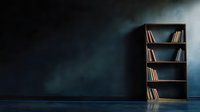 Minimalist wooden bookshelf with books against dark blue wall in empty room with dramatic lighting and moody atmosphere. Concept of knowledge and education.