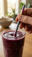 Hand holding purple reusable straw in dark berry smoothie drink with blurred kitchen background, promoting sustainable lifestyle and healthy beverage consumption.