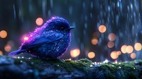 Mystical glowing bird with luminescent purple-blue feathers perched on mossy branch against blurred bokeh lights and rain background, creating magical forest atmosphere.