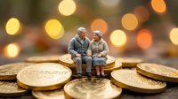 Senior couple figurines sitting on golden coins with warm bokeh lights representing retirement planning and financial security for elderly years.
