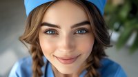 Young Caucasian woman with bright blue eyes and braided hair wearing blue cap and hoodie smiling at camera with friendly expression. Close up portrait.