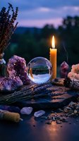 Mystical crystal ball with burning candle surrounded by healing crystals and dried lavender at twilight for spiritual meditation and fortune telling rituals.