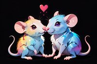 Adorable cartoon mice couple in love with heart symbol, perfect for Valentine's day cards, children's illustrations or romantic design projects. Digital art on black background.