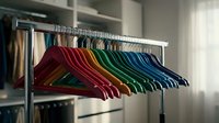 Colorful wooden coat hangers arranged on chrome closet rod in organized wardrobe system for clothing storage and home organization solutions.