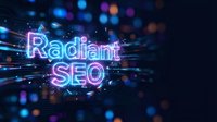 Radiant SEO neon text glowing with digital light effects and bokeh background for web marketing and search engine optimization concepts.