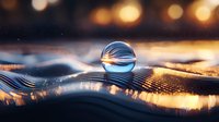 Crystal clear water drop on reflective rippled surface with golden bokeh lights creating magical macro photography effect at sunset. Artistic nature composition.