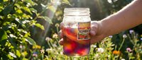 Hand holding mason jar with refreshing iced tea in sunny garden setting with natural bokeh light effects for summer beverage marketing.