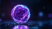 Glowing energy sphere with purple and blue light effects floating above reflective surface against dark background with bokeh lights.