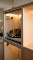 Tabby cat sleeping peacefully in modern wooden pet hotel compartment with warm LED lighting and ventilation system for animal boarding facility.