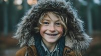 Happy young boy with blonde hair wearing winter coat with fur hood smiling outdoors in cold weather during seasonal adventure.