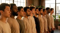 Diverse group of men standing in line facing sideways in modern loft space with industrial windows and brick walls, wearing casual neutral clothing for teamwork and unity concepts.
