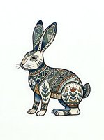 Decorative rabbit with ornamental tribal patterns and geometric designs in earthy tones, isolated on white background for design projects, apparel printing, and craft applications.