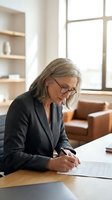 Senior businesswoman with gray hair and glasses writing documents at office desk in modern workplace with natural light.